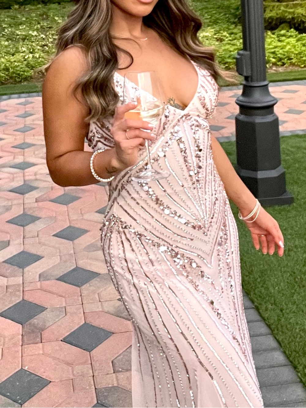 Spaghetti Strap Sequin Embellished Evening Dress in Blush